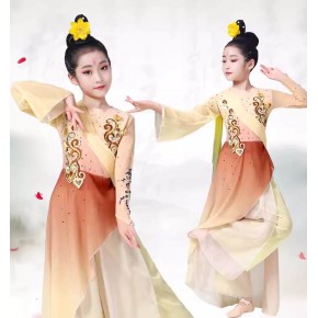Girls light yellow chinese folk Classical dance costumes children fairy princess drama cosplay hanfu flowing repertoire art examination clothes for kids